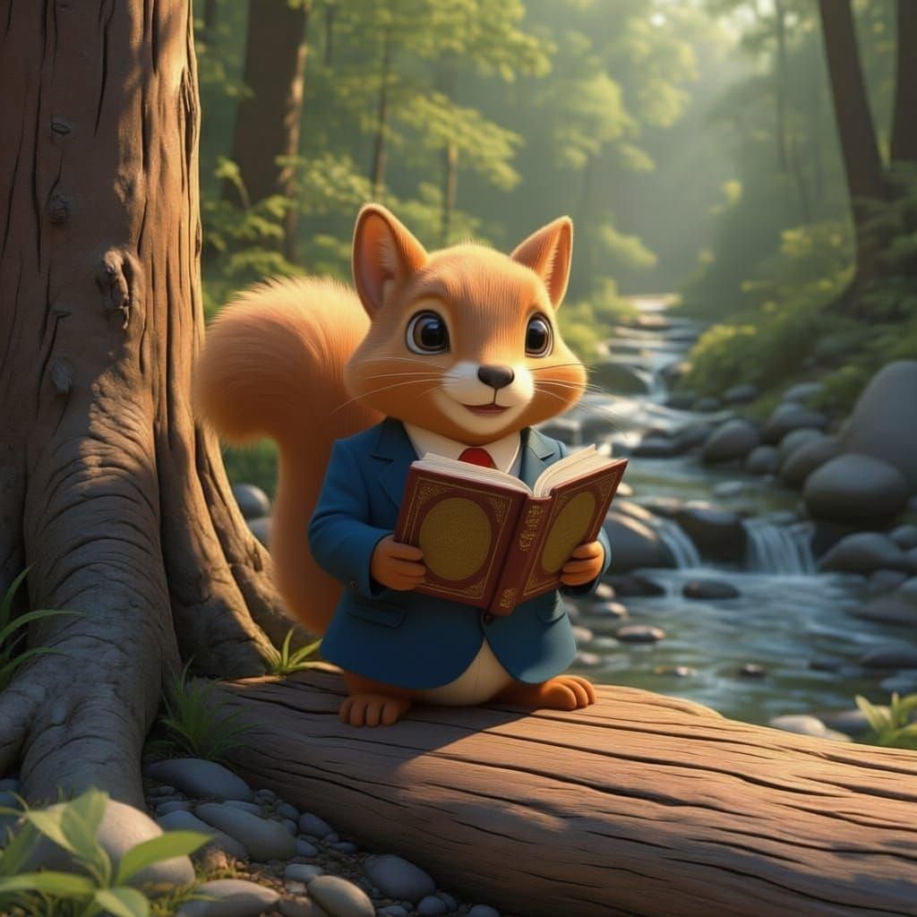 Squirrel Reads Book in Cozy Forest Setting