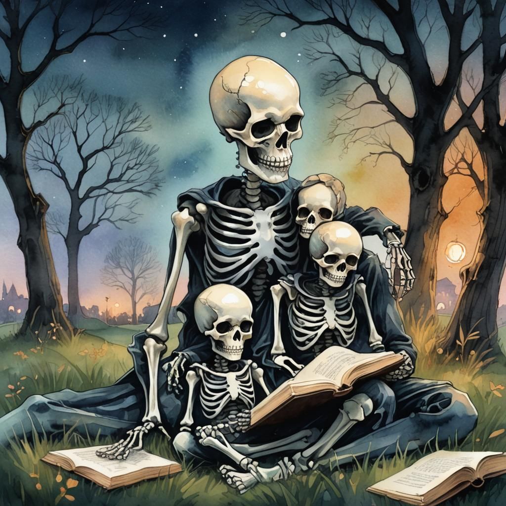 Touching Skeletons Reading Book: Dark Fantasy Art