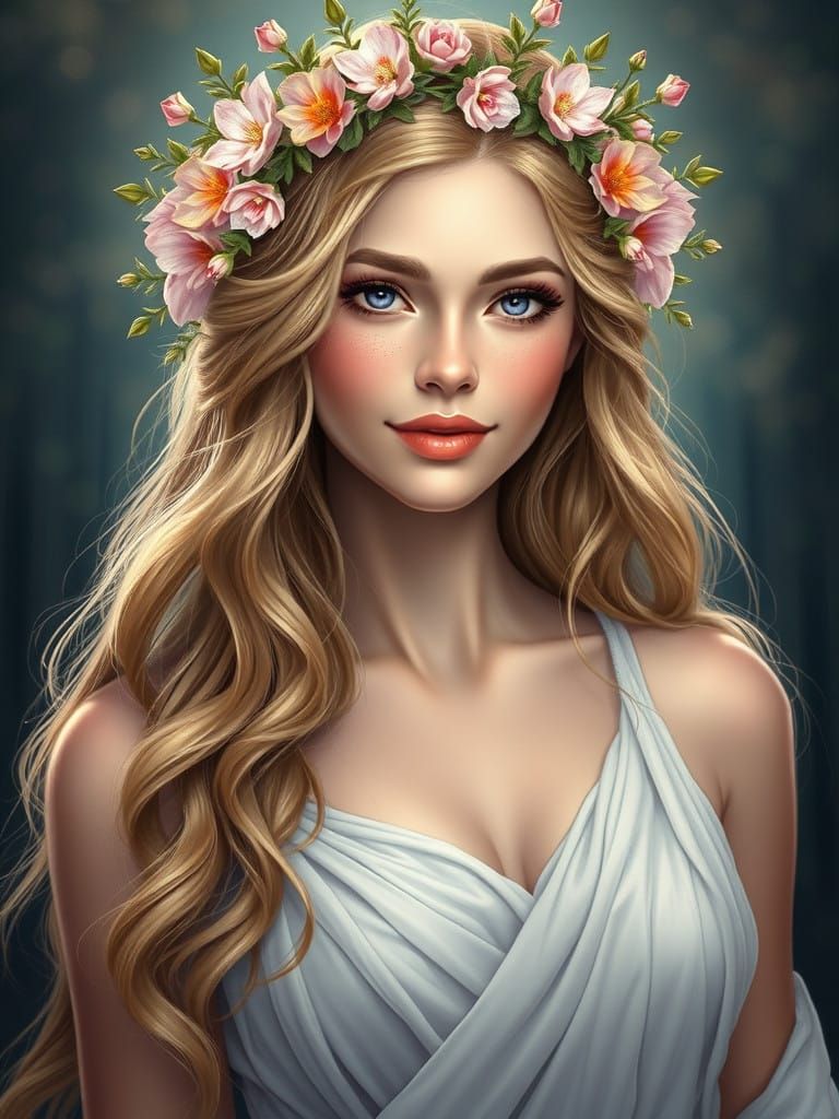 Ethereal Goddess of Spring in Whimsical Floral Crown