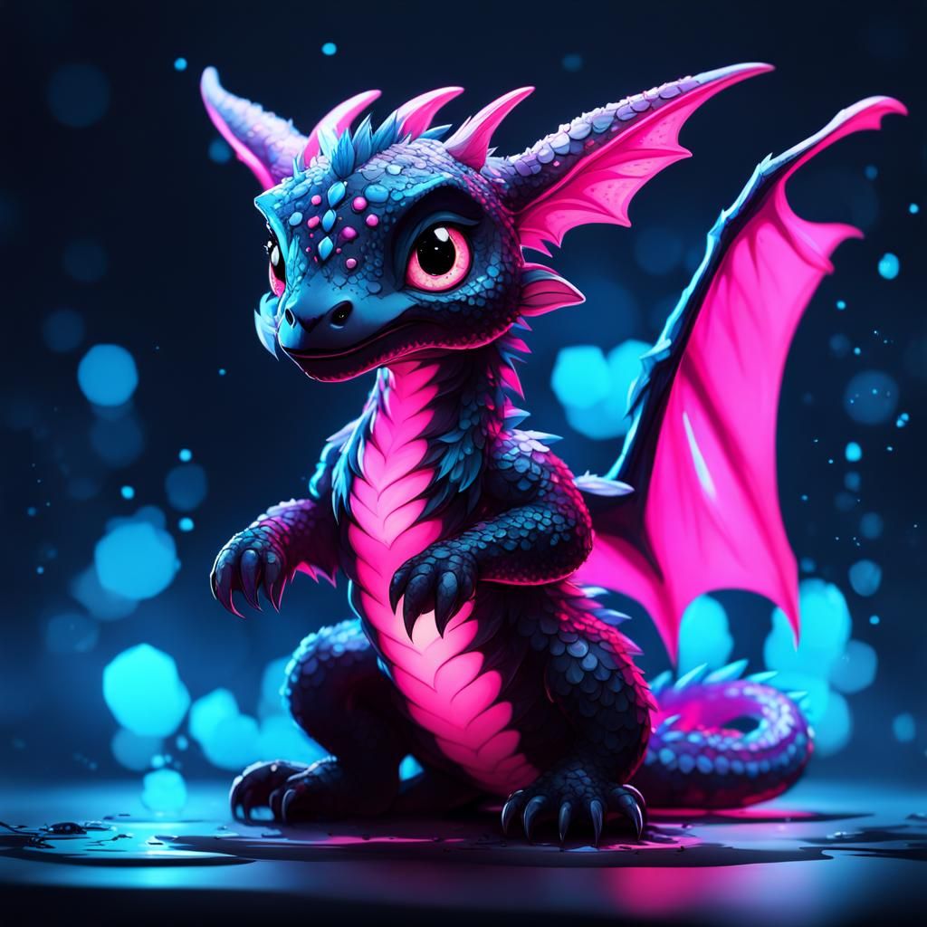 Neon Chibi Dragon with Paint Splatters