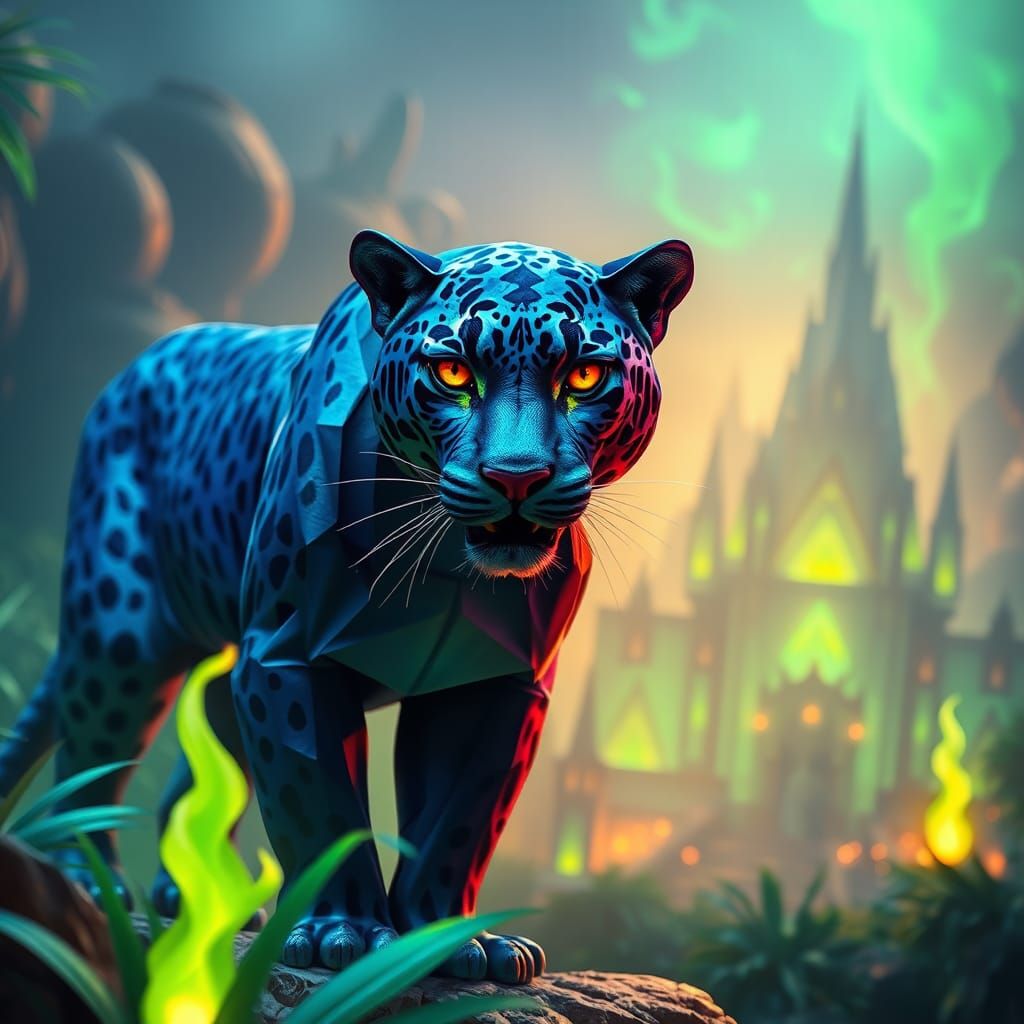 Majestic Blue Jaguar in a Mystical City