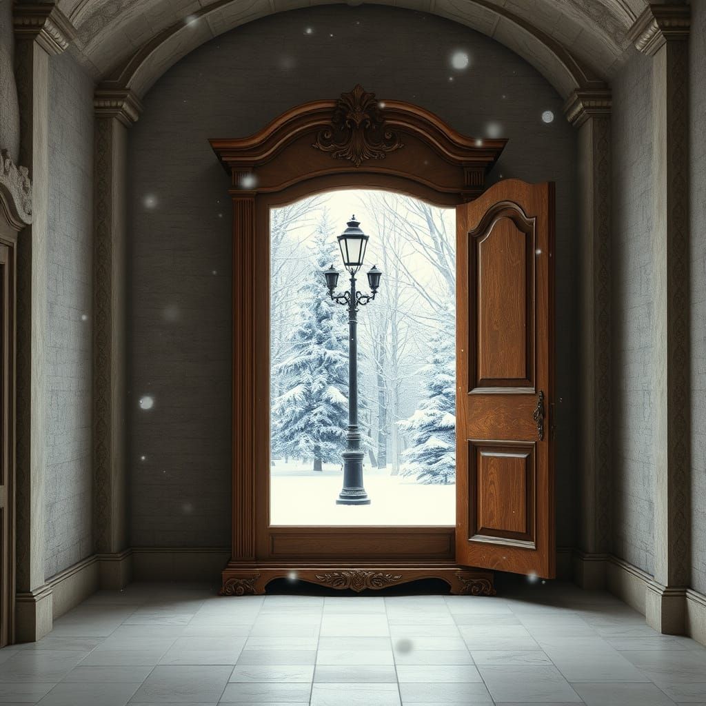 Victorian Wardrobe Opens to Snowy Winter Forest Scene