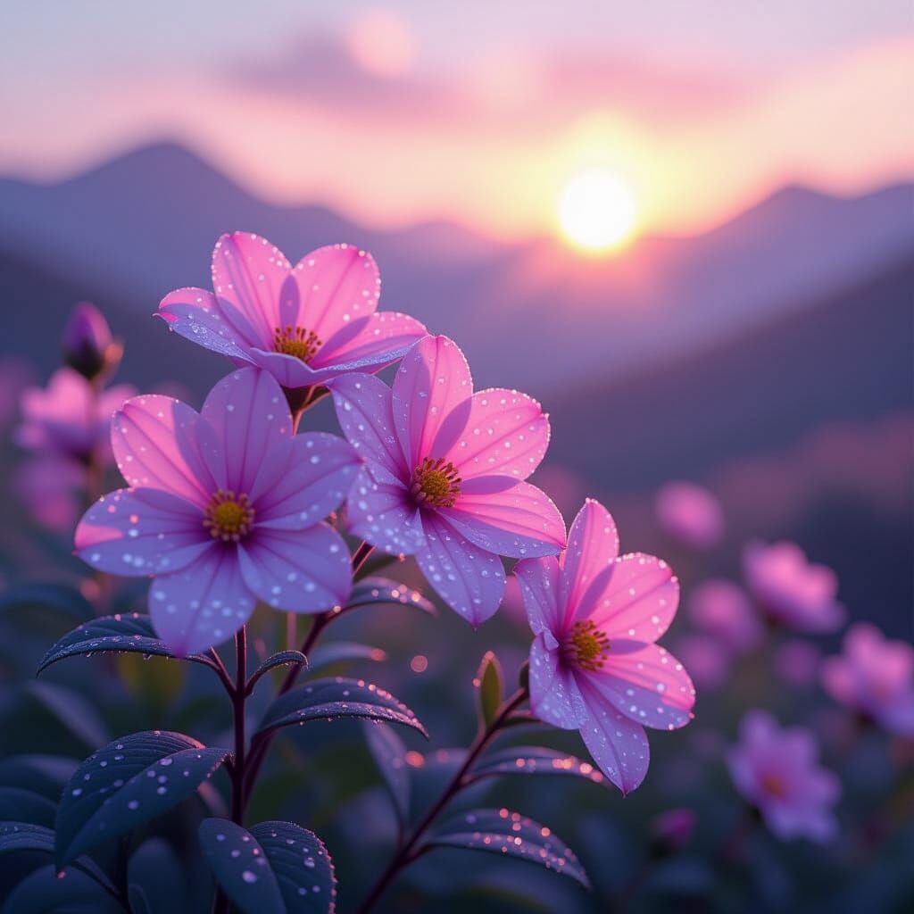 Pale Pink Flowers with Morning Dew at Golden Hour