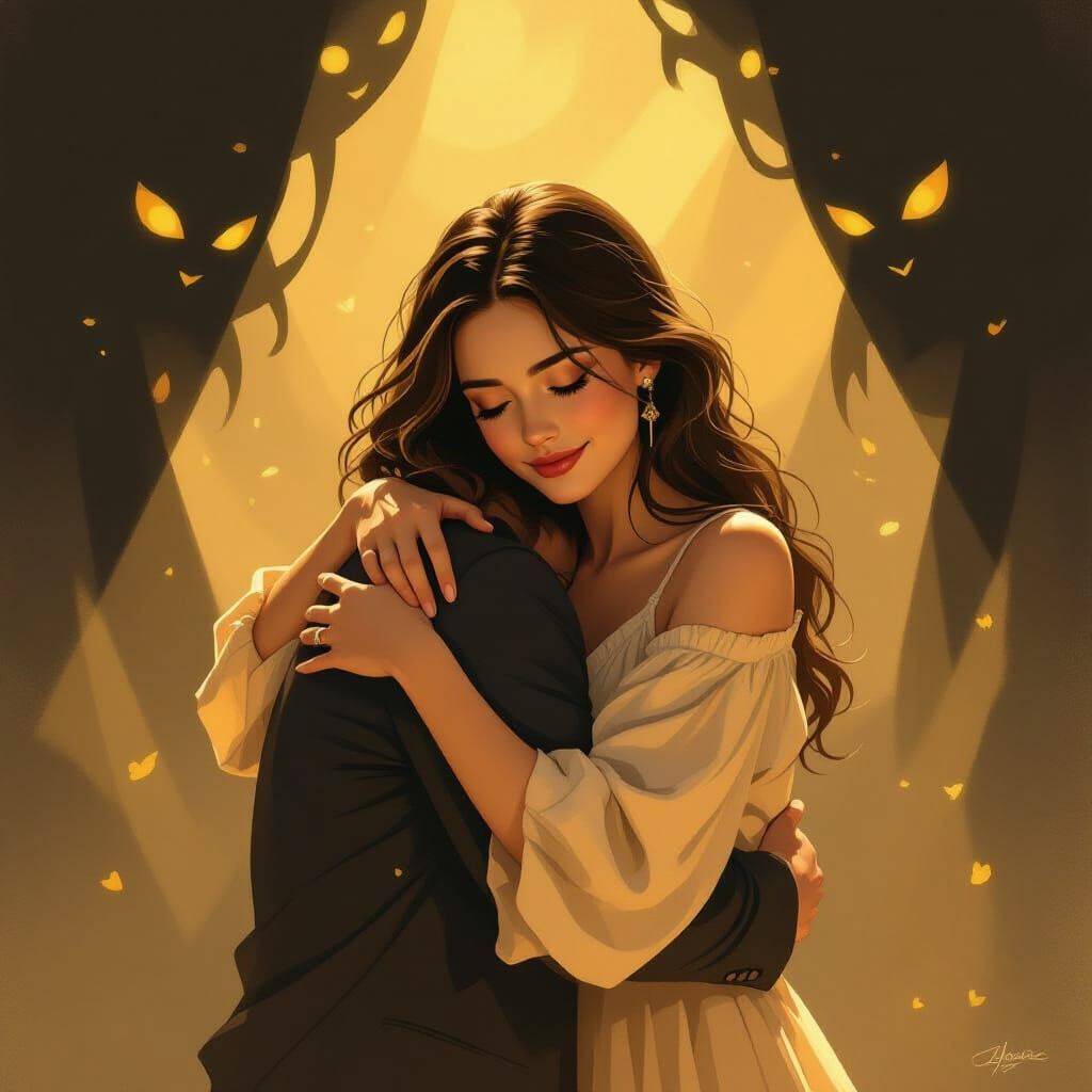 Woman Embraces Loved One in Dreamlike Light