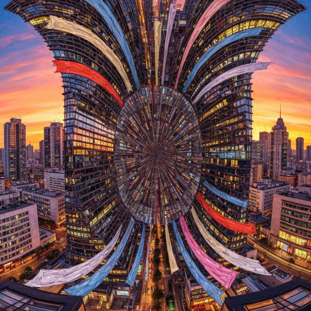 Kaleidoscopic Cityscape at Sunset in Expressionist Style