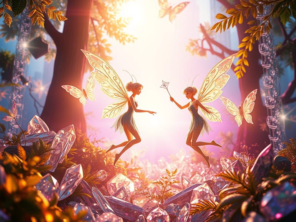 Whimsical Crystal Pixies in a Luminous Forest