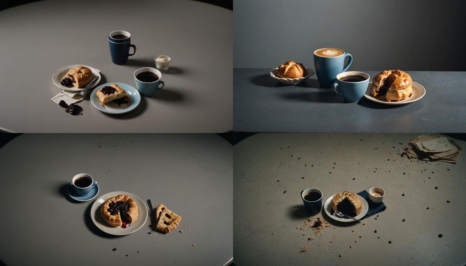 Unsettling Midnight Coffee Cup and Pastry Still Life