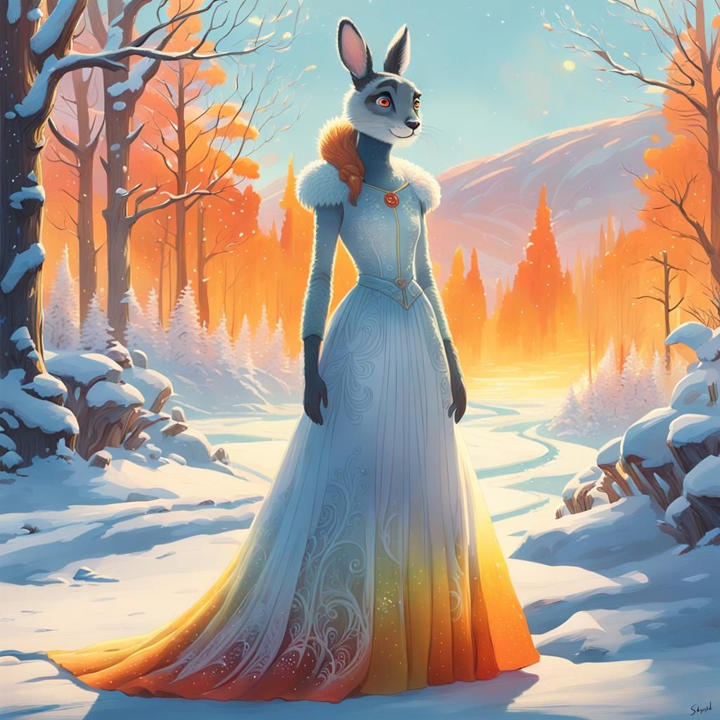 Ethereal Woman in Flowing Gown in Winter Wonderland