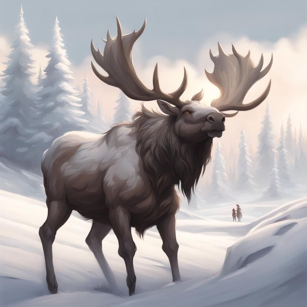 Ethereal Male Cervitaur in Snowy Fantasy Landscape