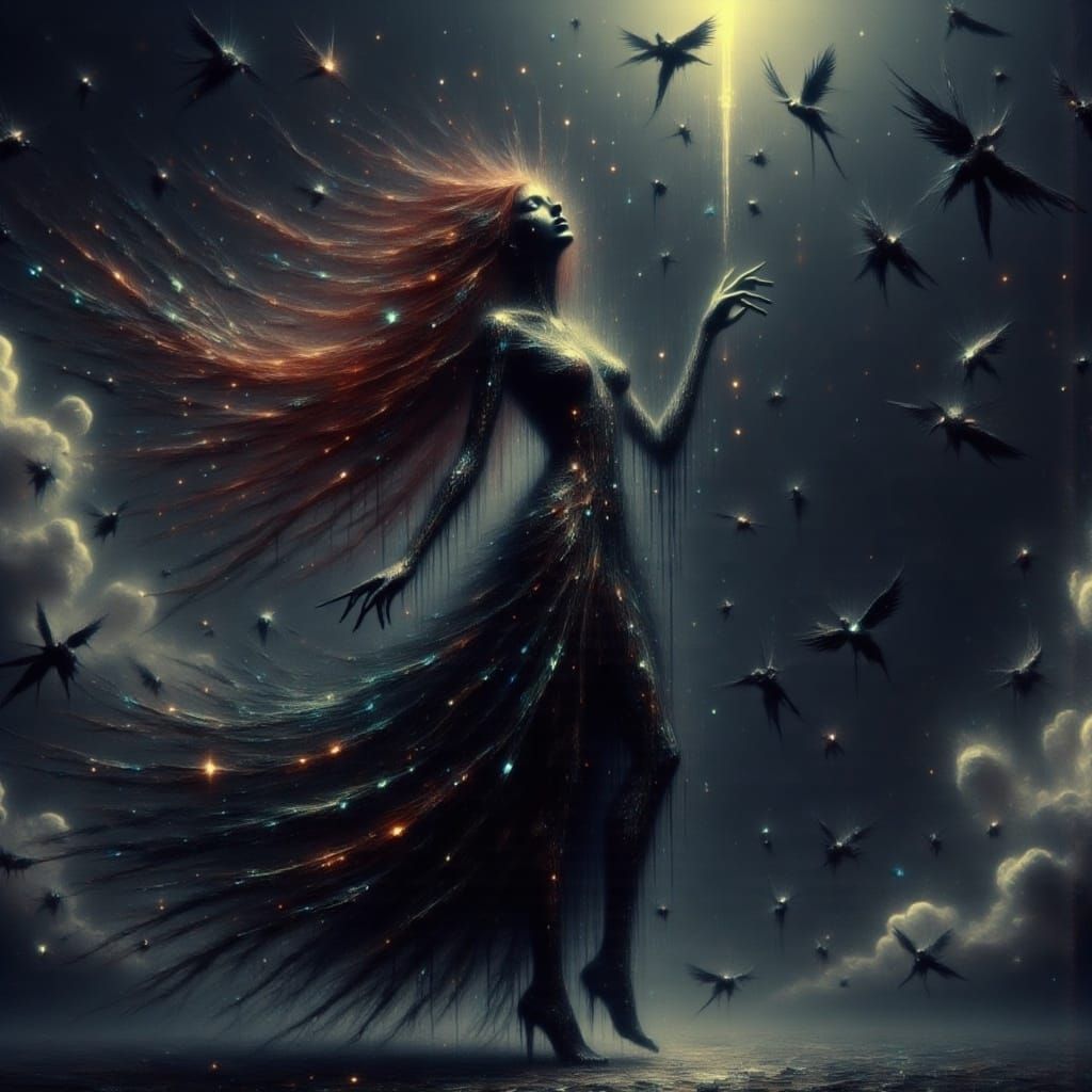 Fae Queen Dancing in Stormy Sky: 3D Anime Art