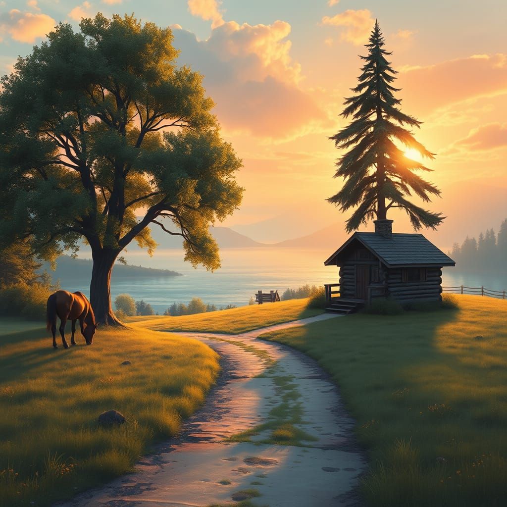 Whimsical Serene Landscape with Cozy Cabin and Towering Tree