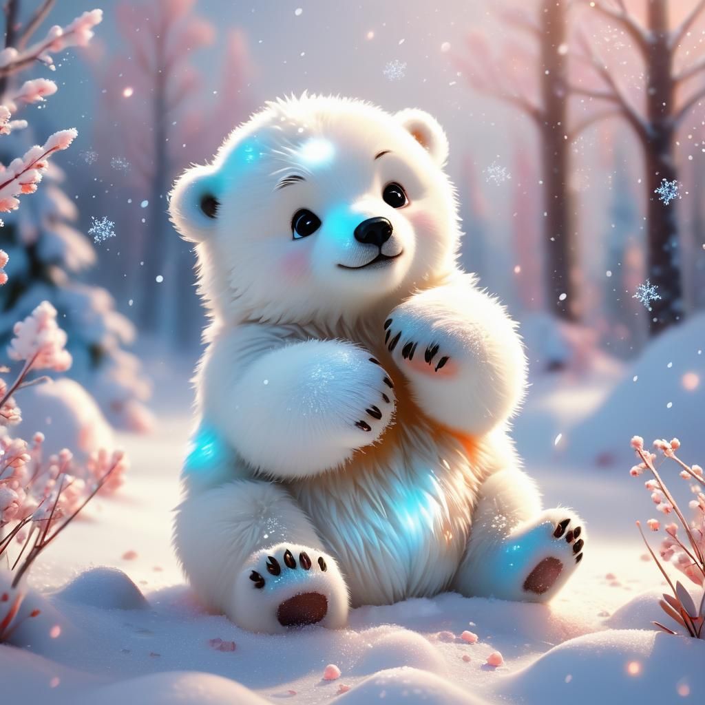 Adorable Polar Bear Cub in Snowy Anime Scene