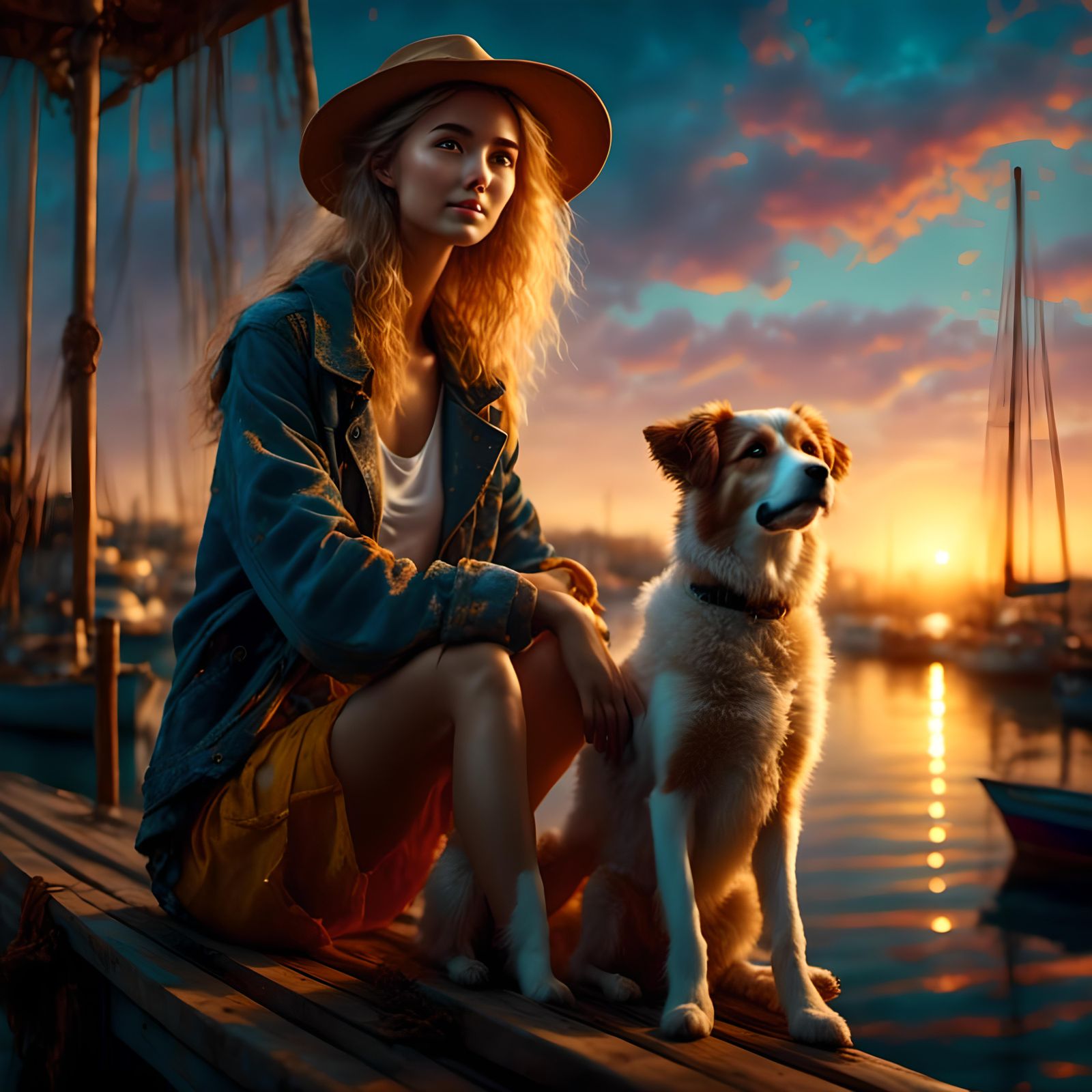 Woman and Dog Enjoying Sunset at Dock