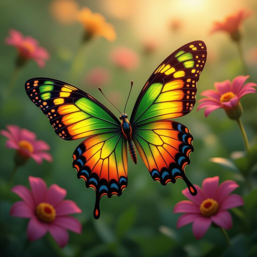 Neon Butterfly Fluttering Through Flowers