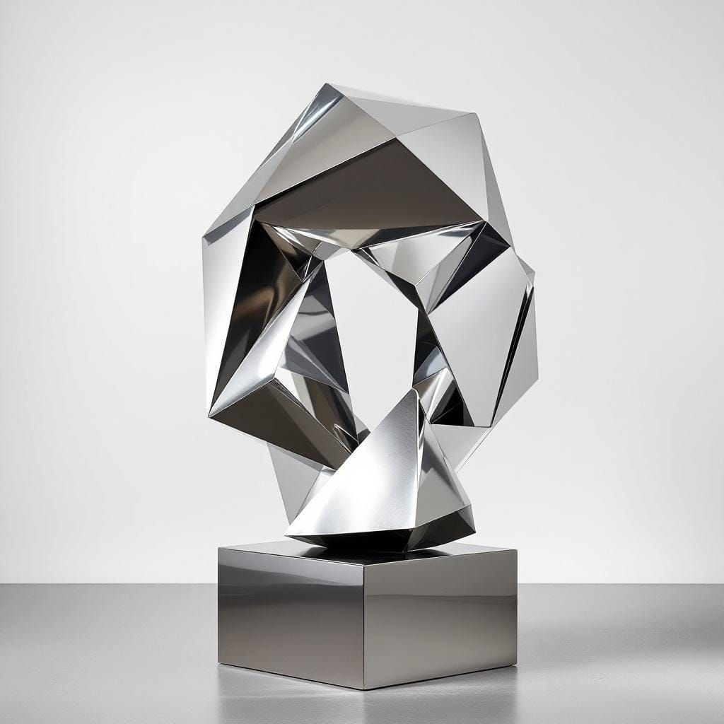 Futuristic Stainless Steel Polygon Sculpture Reflecting Ligh...
