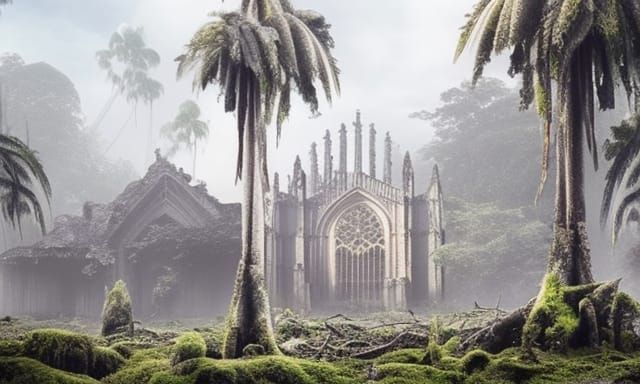 Moss-Covered Cathedral Ruins in Tropical Forest