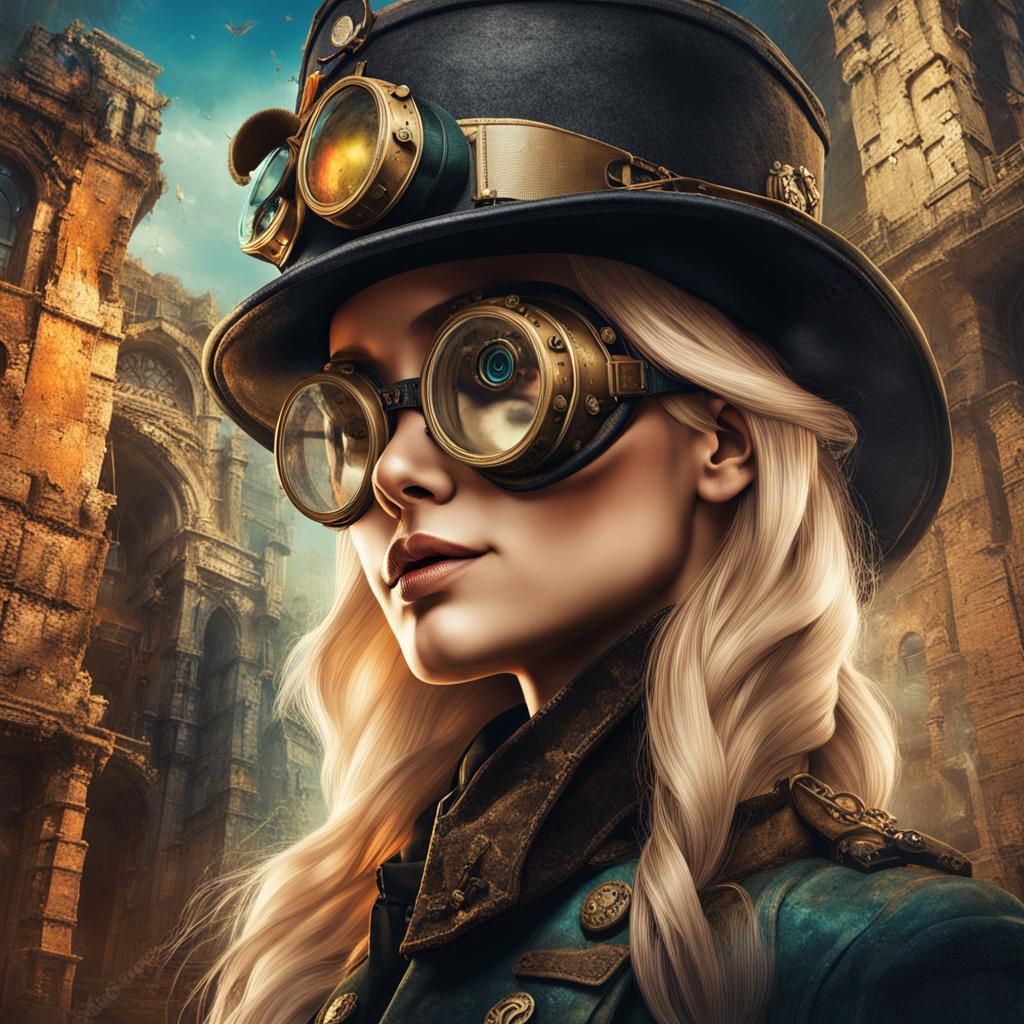 Steampunk Beauty in Gothic Ruins: Hyperrealistic Portrait