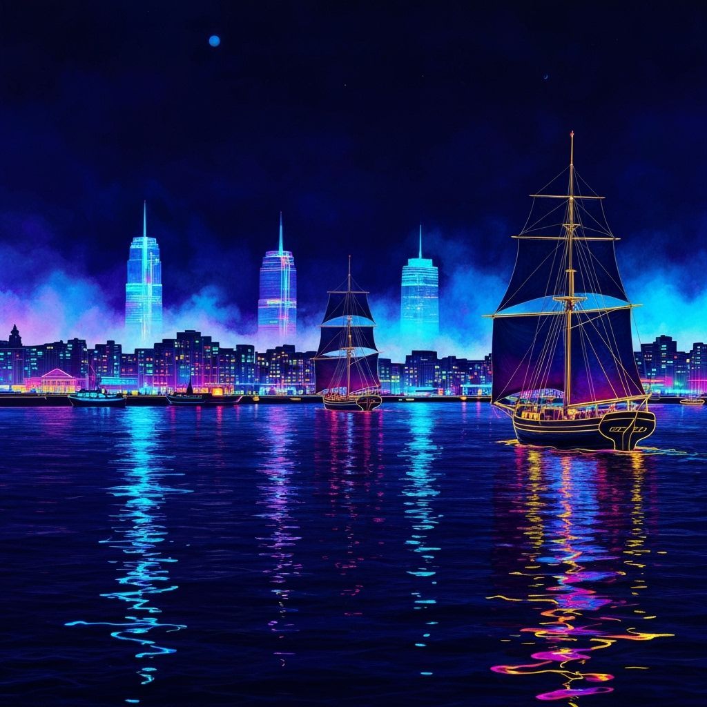 Neon Harbor Nightscape with Sailing Ships in Watercolor