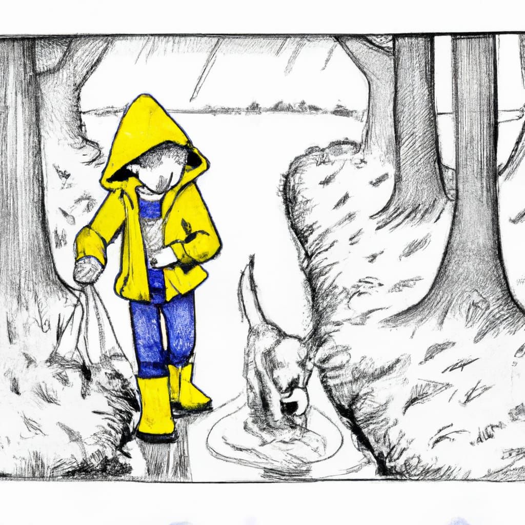 Boy and Dog Walking in Rain: Ink Illustration