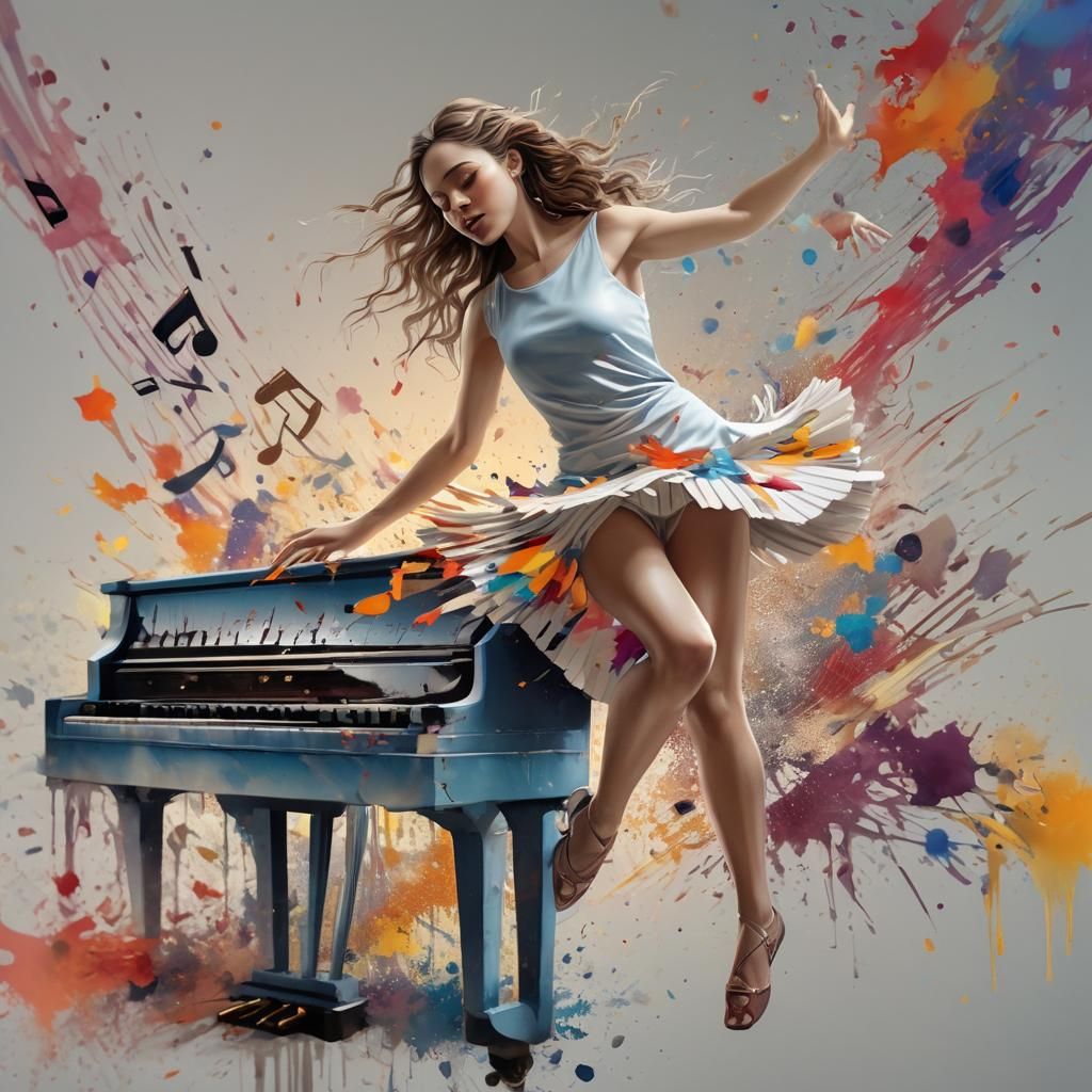 Girl Dancing on Piano Notes: Splash Art Concept
