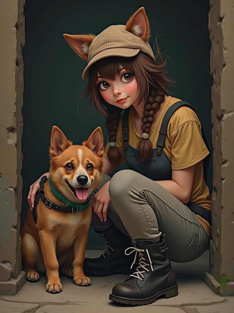 Cyberpunk Girl and Dog with Braided Hats in Secret Hideout