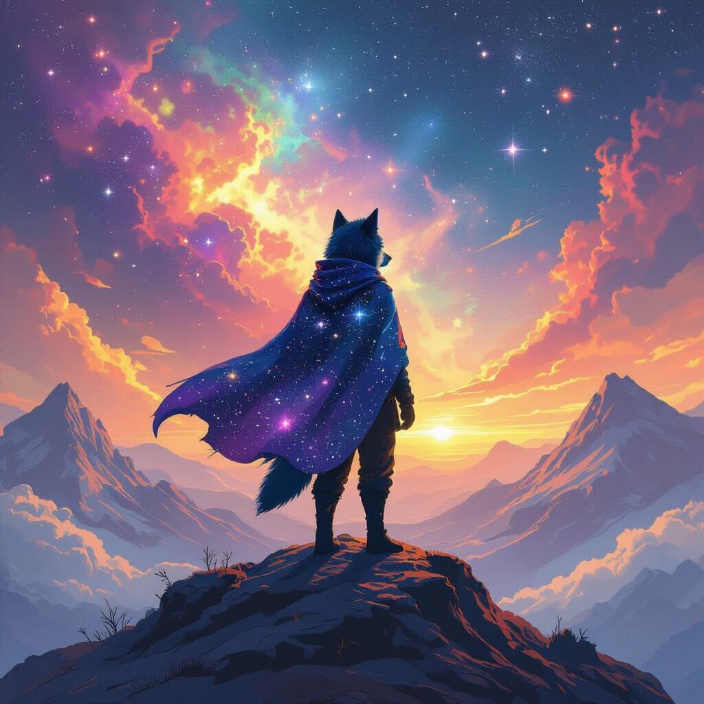 Galaxy Wolf Boy in Starry Cloak on Celestial Mountain