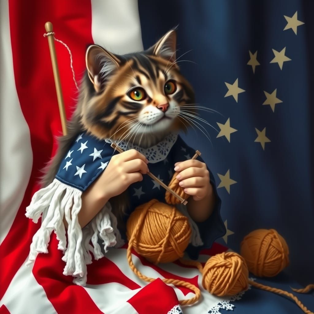 Betsy Ross as Cat Knitting American Flag