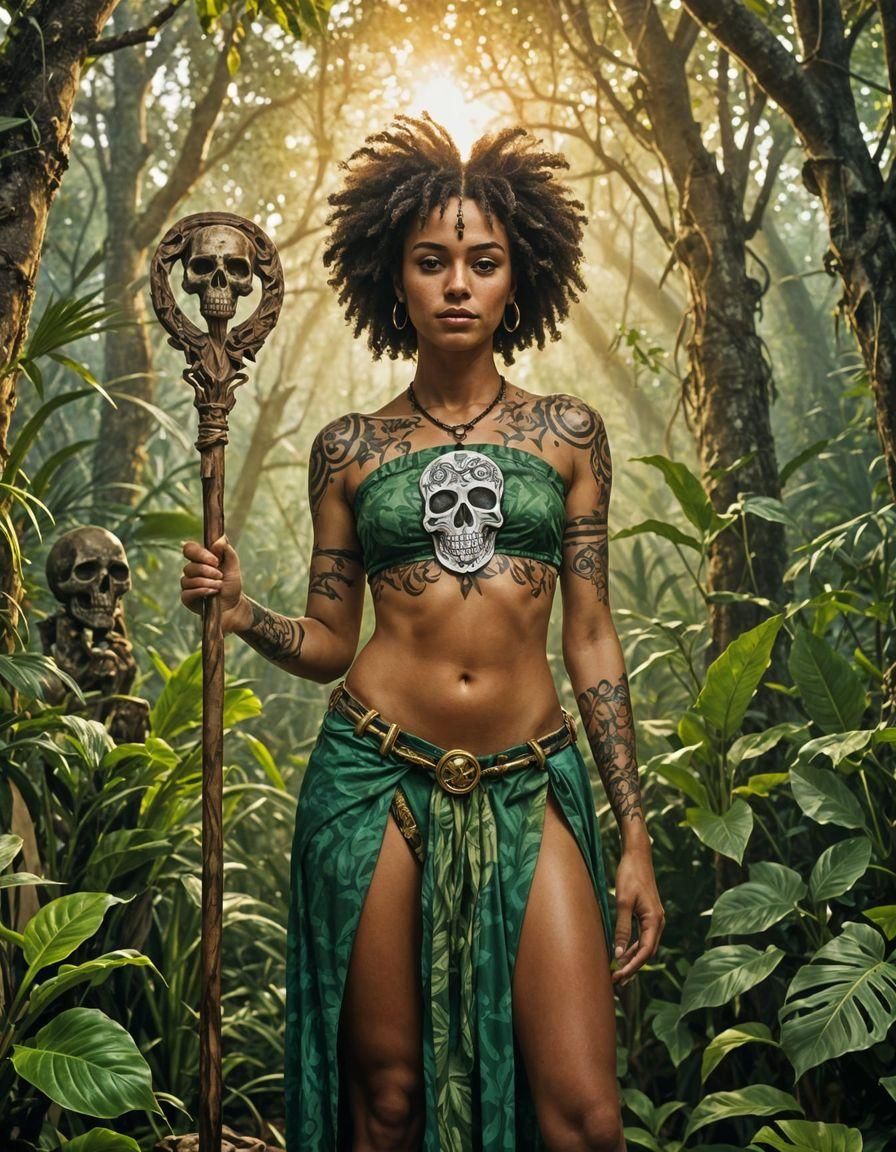 Brazilian Witch with Magic Staff on Altar