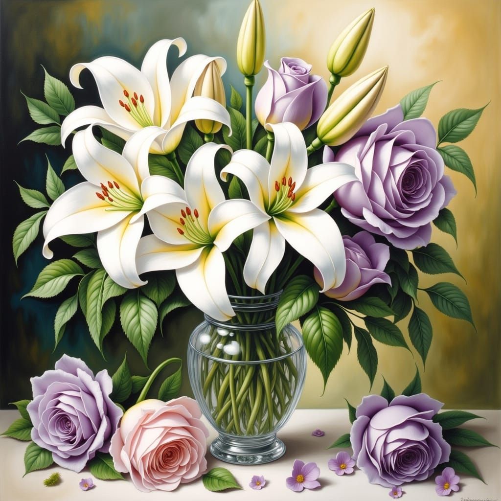 Impressionist Floral Still Life with White Lilies and Purple...
