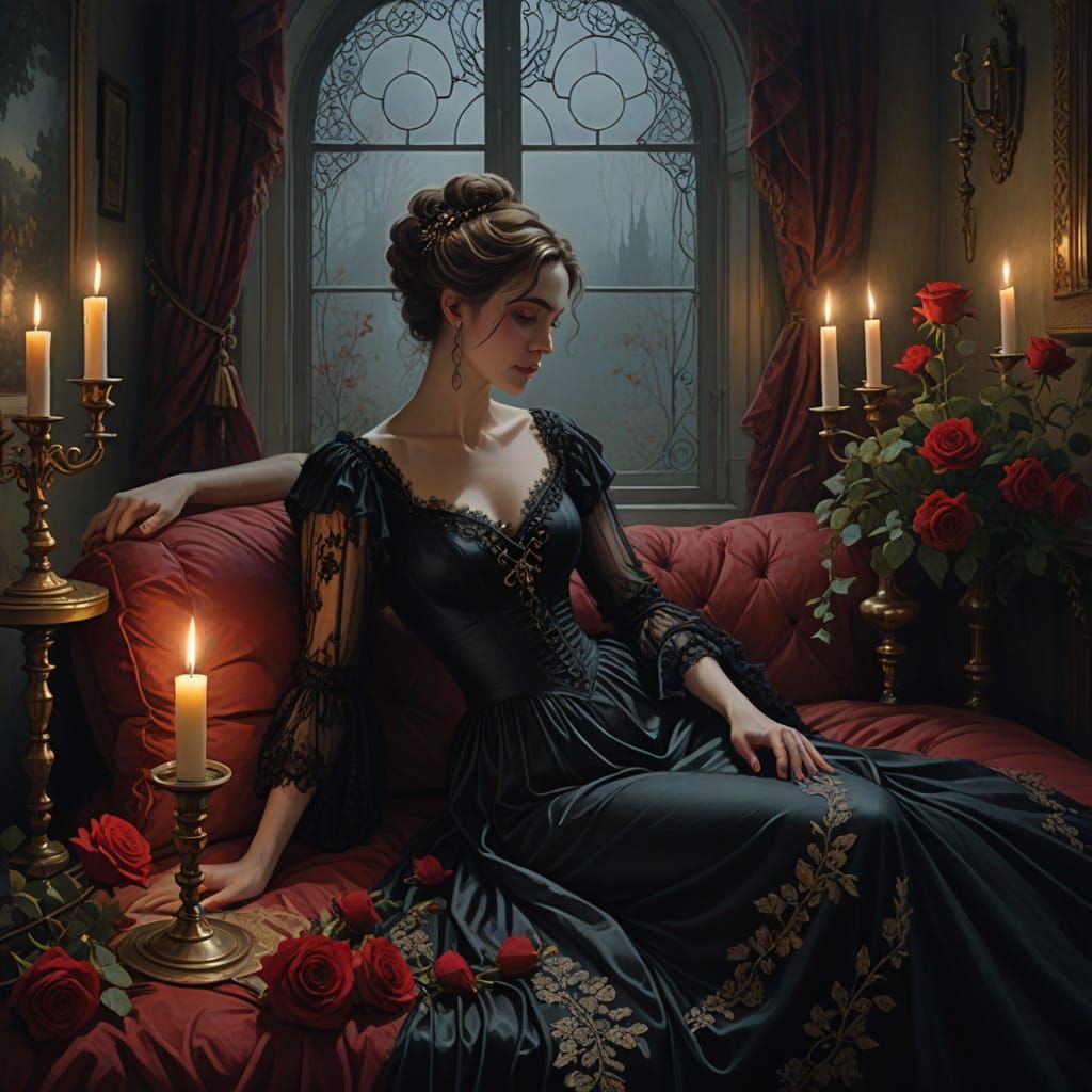 Romantic Victorian Woman in a Moonlit Garden of Red Roses