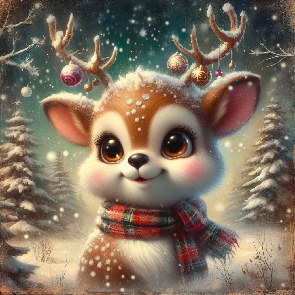 Vintage Oil Painting of Cute Reindeer in Forest