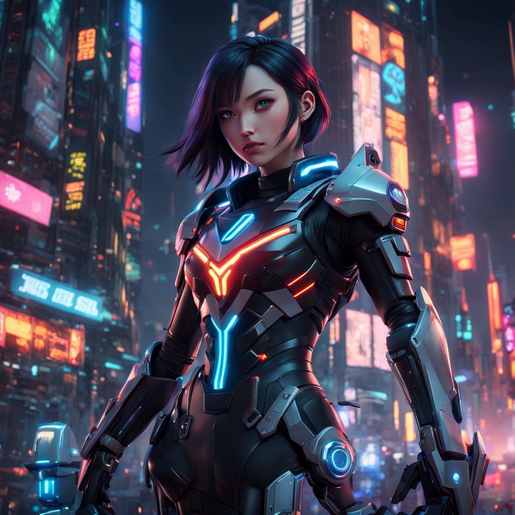 Cyberpunk Goddess in Neon Cityscape