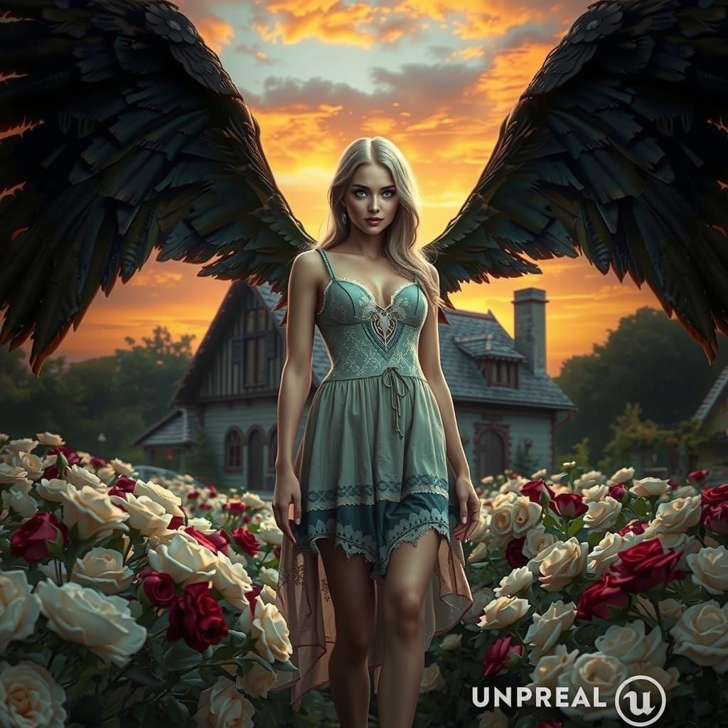 Stunning Woman with Emerald Eyes and Majestic Black Wings Am...