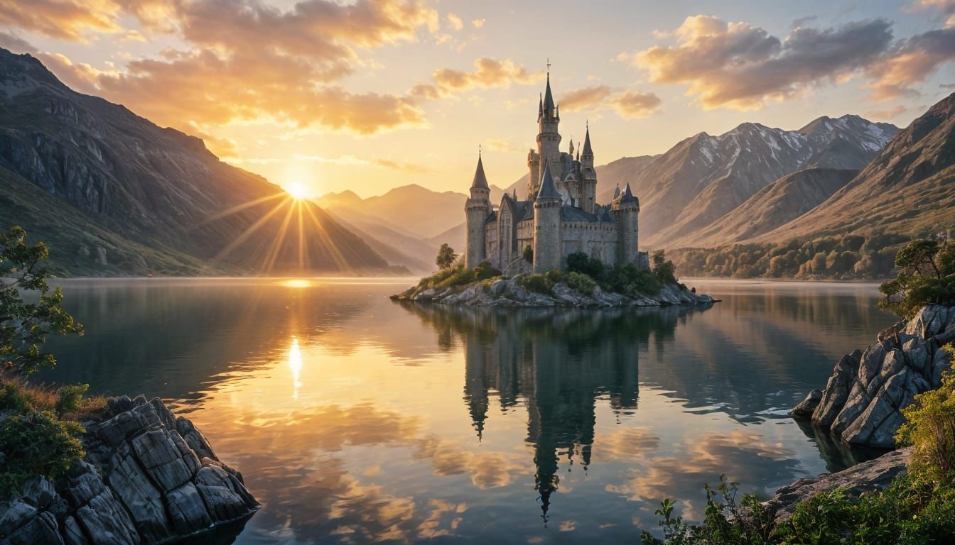 Fantasy Castle Island at Golden Hour Dawn
