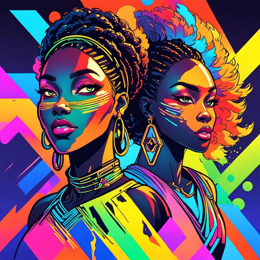 Neon Rainbow Faces in Anime Style