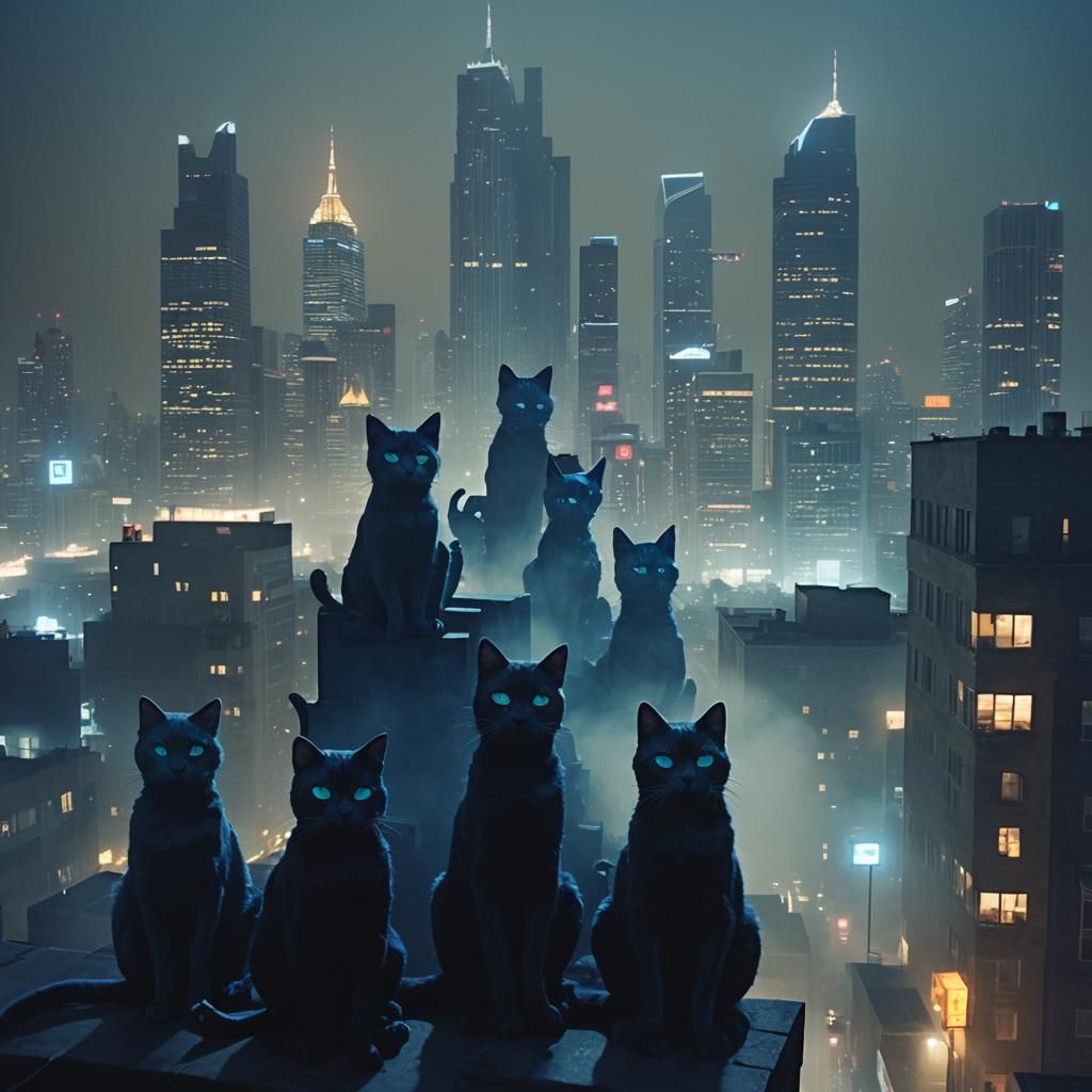 Blue Cat Musicians on Foggy Rooftop Cityscape