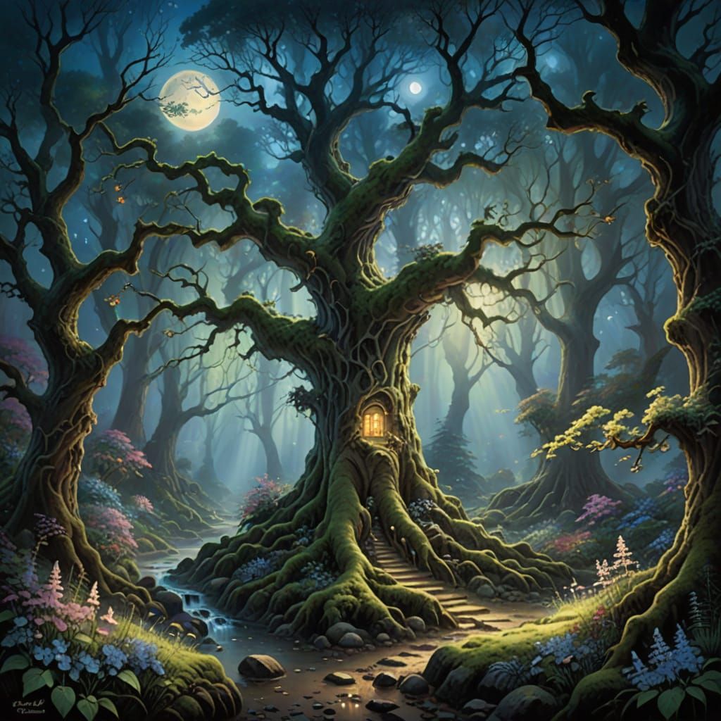 Ethereal Forest Path Under Blue Moonlight