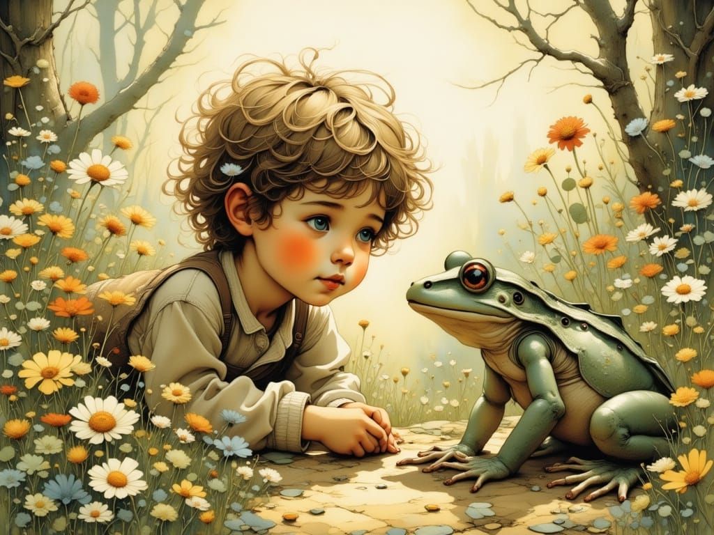 Whimsical Boy Connects with Ancient Frog in Sun-Dappled Mead...