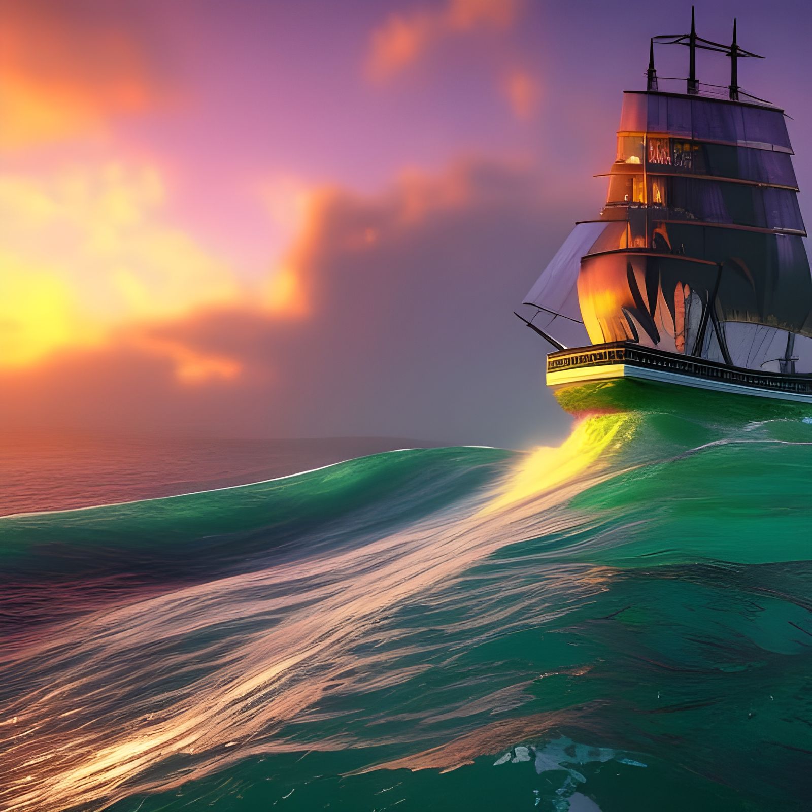 Ghost Ship on Stormy Seas in 3D Rendering