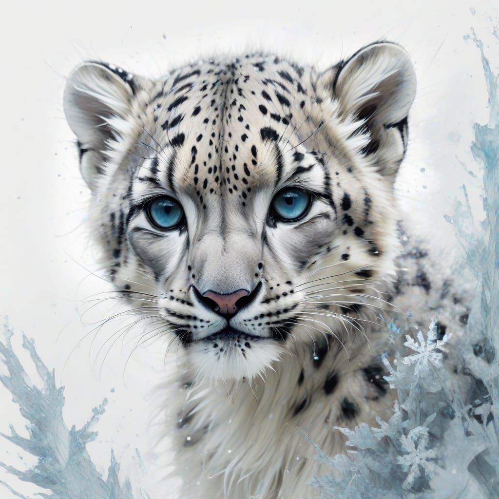 Envision an adorable Snow Leopard Cub playing among swirling...