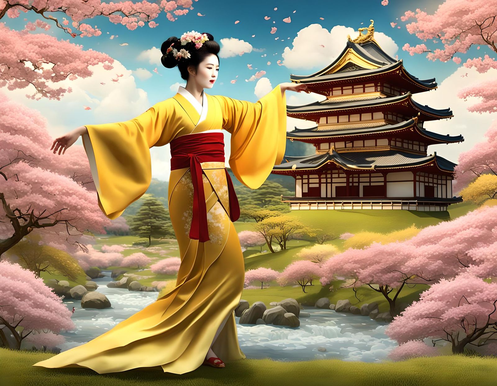 Geisha Dancing in Flower Meadow, Art Nouveau Style