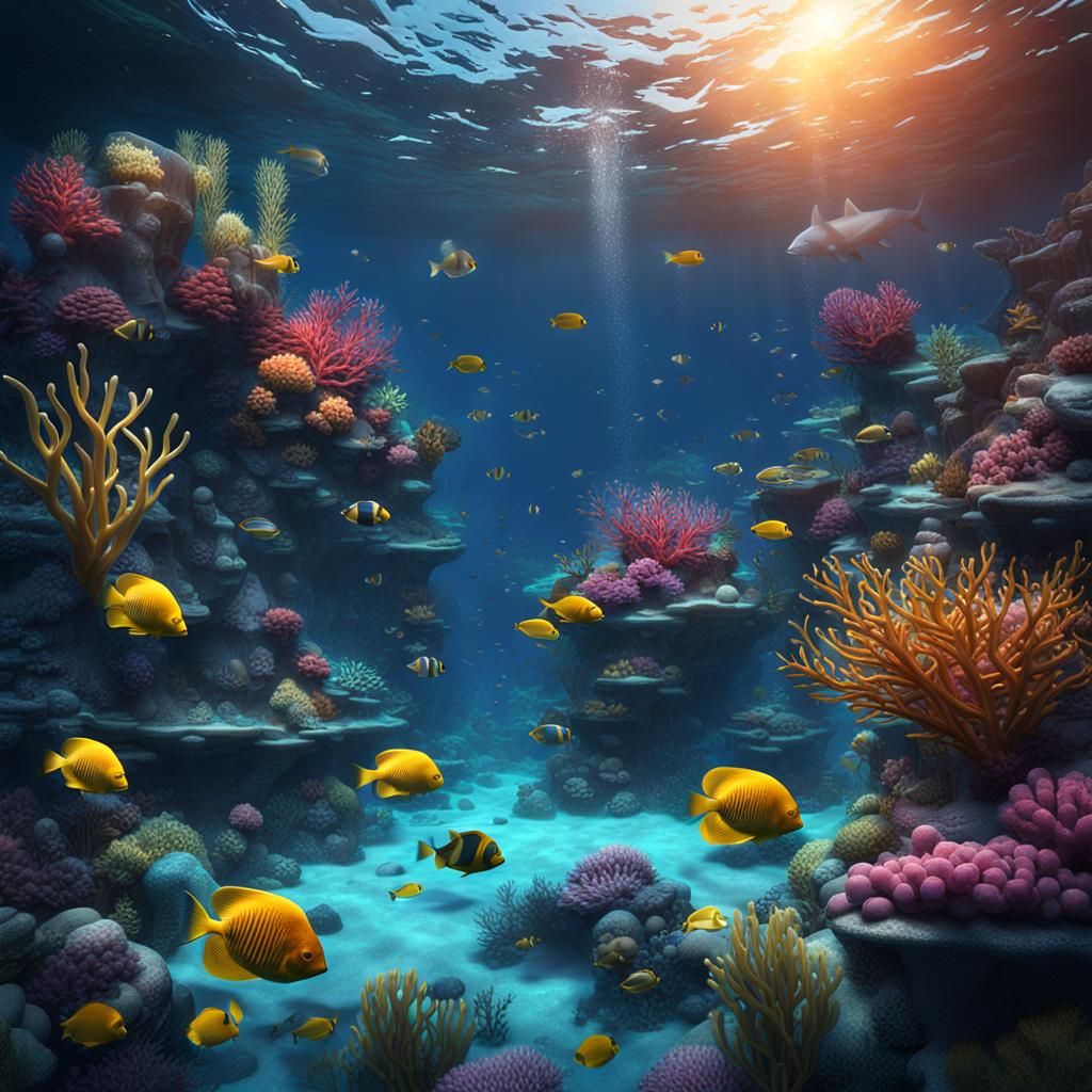 an underwater seascape image capturing the beauty of the ocean depths. Include coral reefs, exotic fish, and aquatic pla...