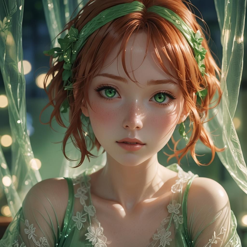 Redhead in Green Nightwear: 3D Anime Portrait