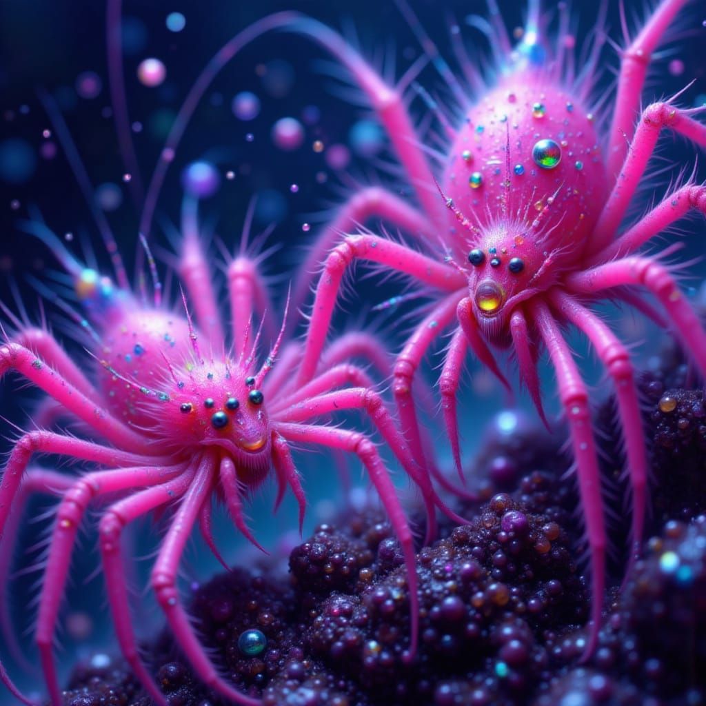 Neon Space Spiders in Bioluminescent Web: 3D Anime Art