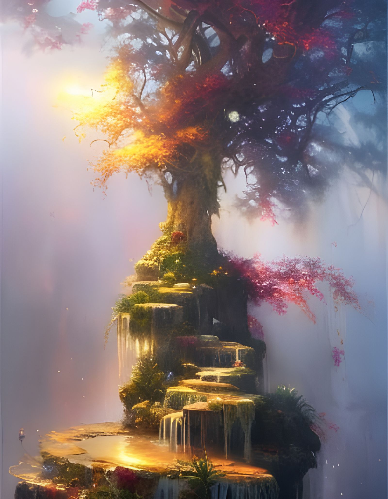 Enchanted Tree with Golden Apples in Dreamy Forest
