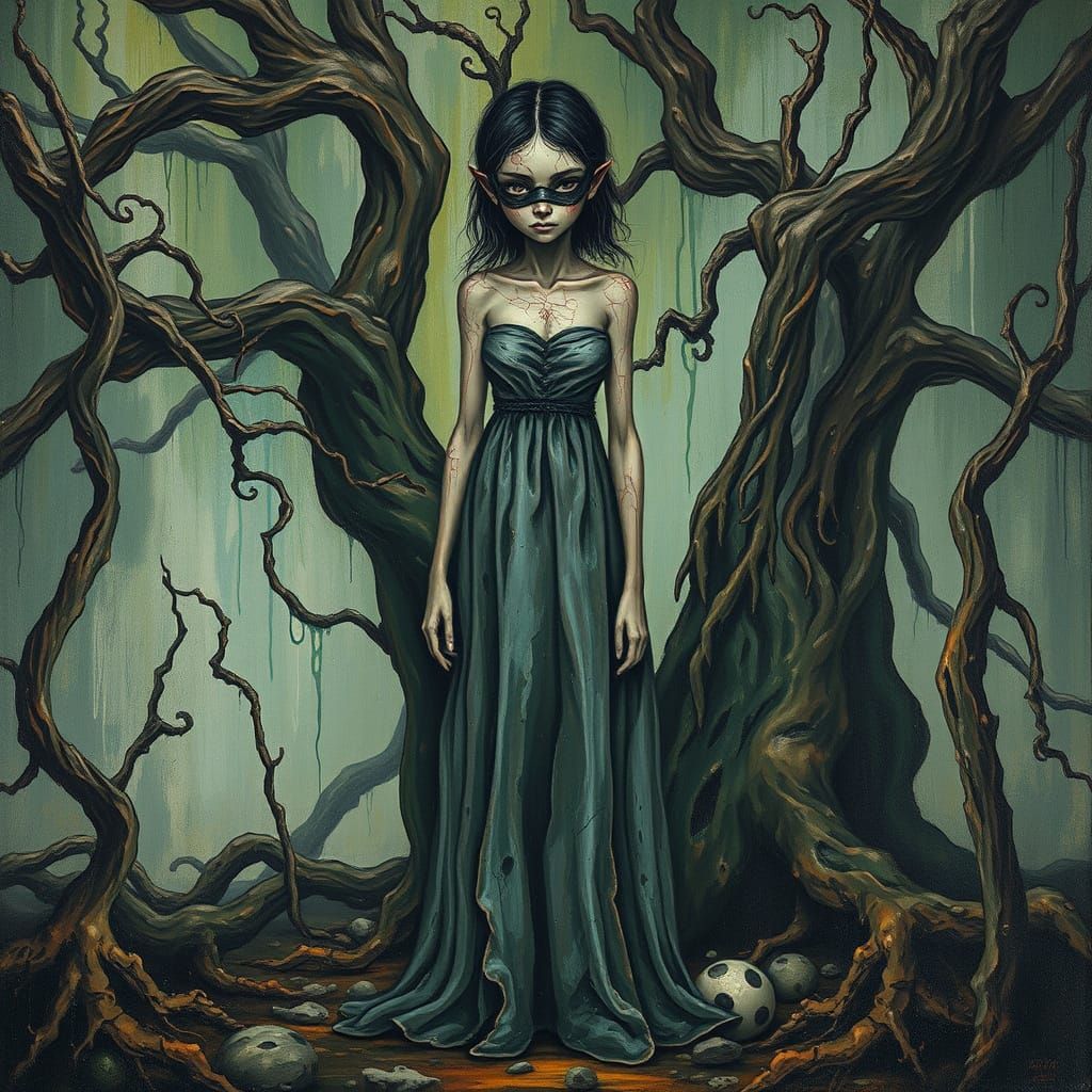 Girl with Hidden Anxiety in Dark Fantasy Landscape