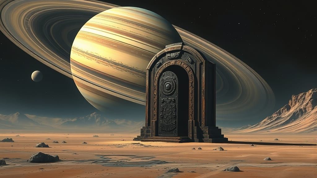 Colossal Door on Titan with Saturn, in Biomechanical Style