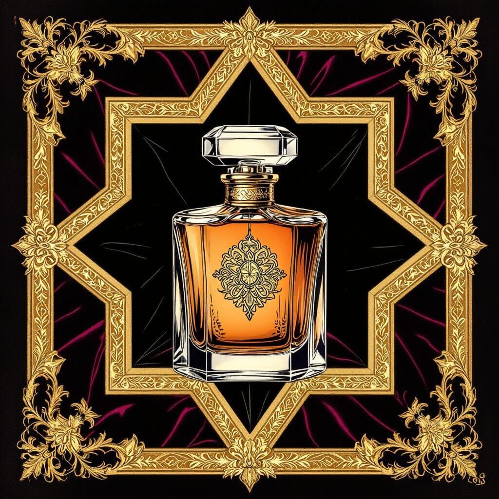 Vintage Perfume in Golden Star Frame, Art Nouveau Style