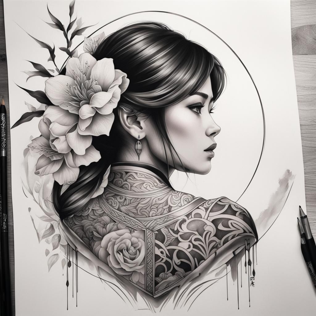 Japanese Tattoo Design on Back in Stencil Style