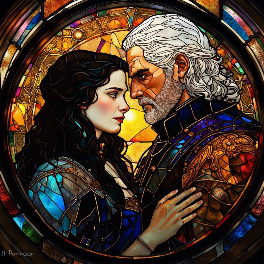 Stained Glass Portrait of Yennefer and Geralt in Art Nouveau...